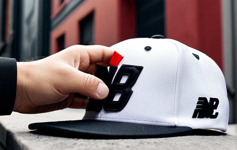 **Prompt:** A close-up shot of a person adjusting the snapback closure of a New Balance cap. The cap is stylish with clean stitching and durable materials, possibly a limited edition or collaboration design. The background is blurred, hinting at an urban, streetwear setting. Focus on the retro vibe and casual style.