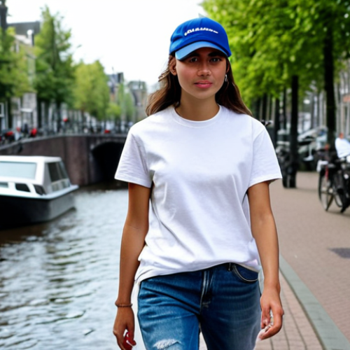 Home 9 Casual Chic Outfit**
"A young woman wearing a Balenciaga Distressed Cap, a simple white t-shirt, and blue jeans. She is walking down a busy street in Amsterdam, with the canals in the background. Natural lighting, safe for work, appropriate content, fully clothed, modest attire, professional photography, high quality, perfect anatomy, natural proportions."
**