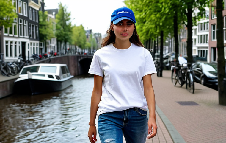 Casual Chic Outfit**
"A young woman wearing a Balenciaga Distressed Cap, a simple white t-shirt, and blue jeans. She is walking down a busy street in Amsterdam, with the canals in the background. Natural lighting, safe for work, appropriate content, fully clothed, modest attire, professional photography, high quality, perfect anatomy, natural proportions."
**